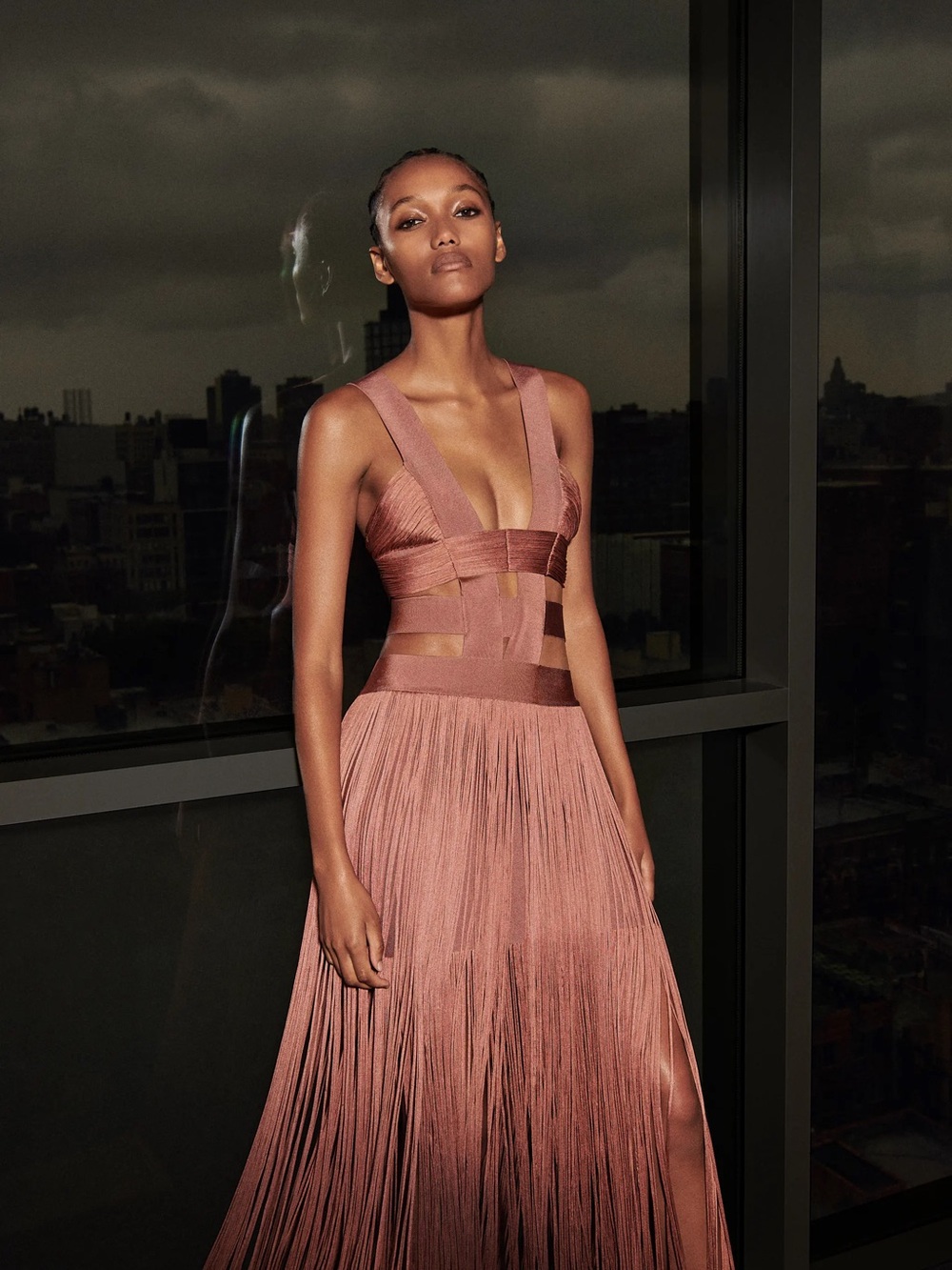 Herve Leger Rose-Mauve Fringe Maxi Dress